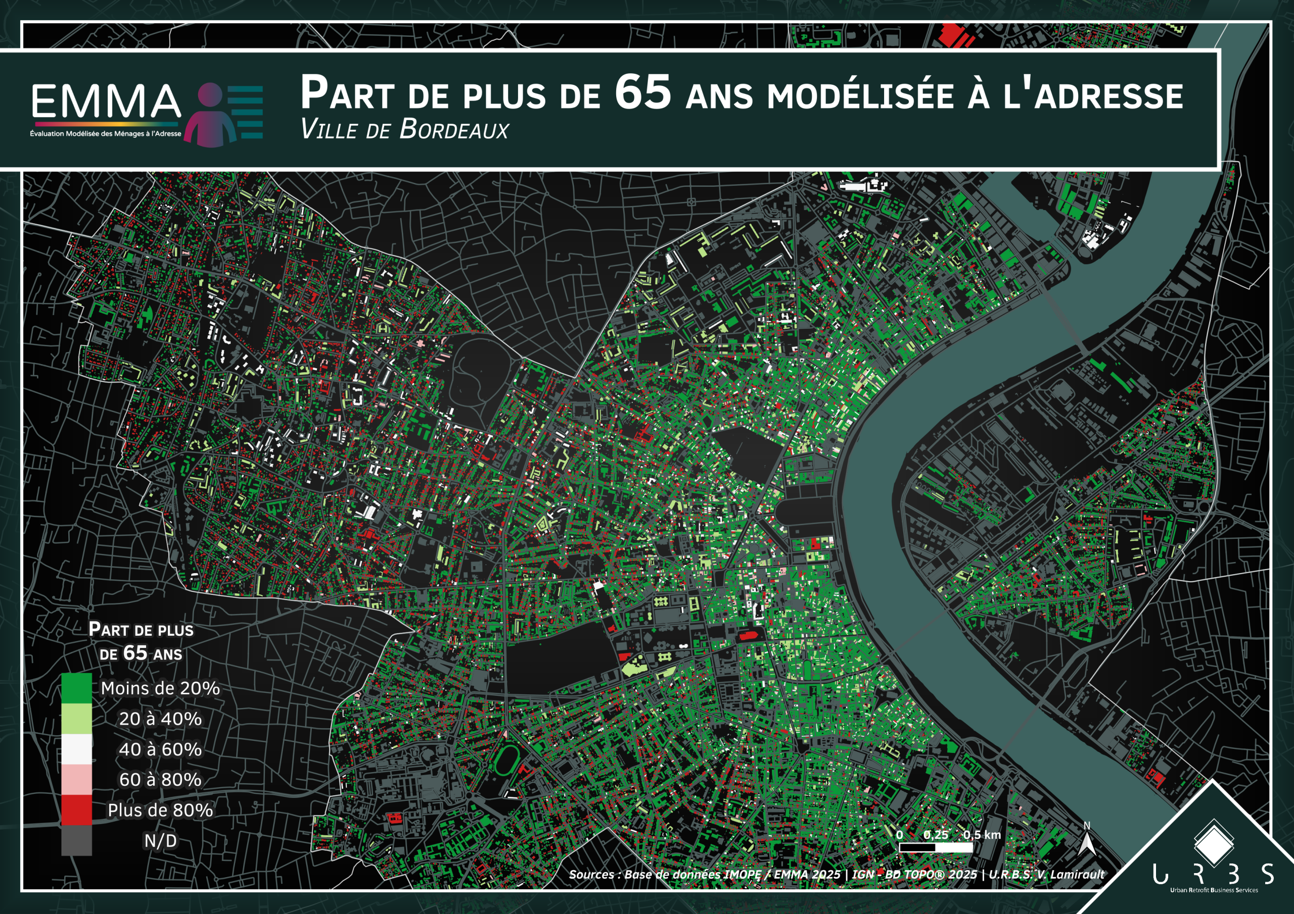 EMMA — Part des plus de 65 ans modélisée à l'adresse · Bordeaux