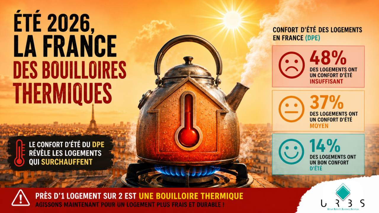 Été 2026, la France des bouilloires thermiques — 48 % des logements ont un confort d'été insuffisant, 37 % moyen, 14 % bon — U.R.B.S.