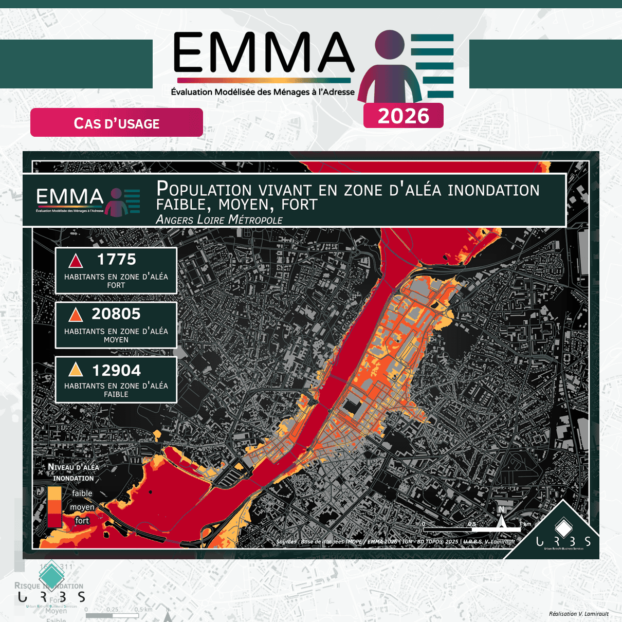 Carte de la population vivant en zone d'aléa inondation faible, moyen et fort sur Angers Loire Métropole, réalisée à partir des bases IMOPE et EMMA